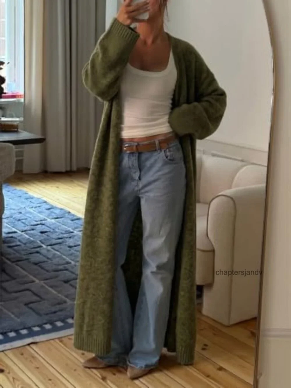 Women's Oversized Long Cardigan Sweater Open Front Belted Knit